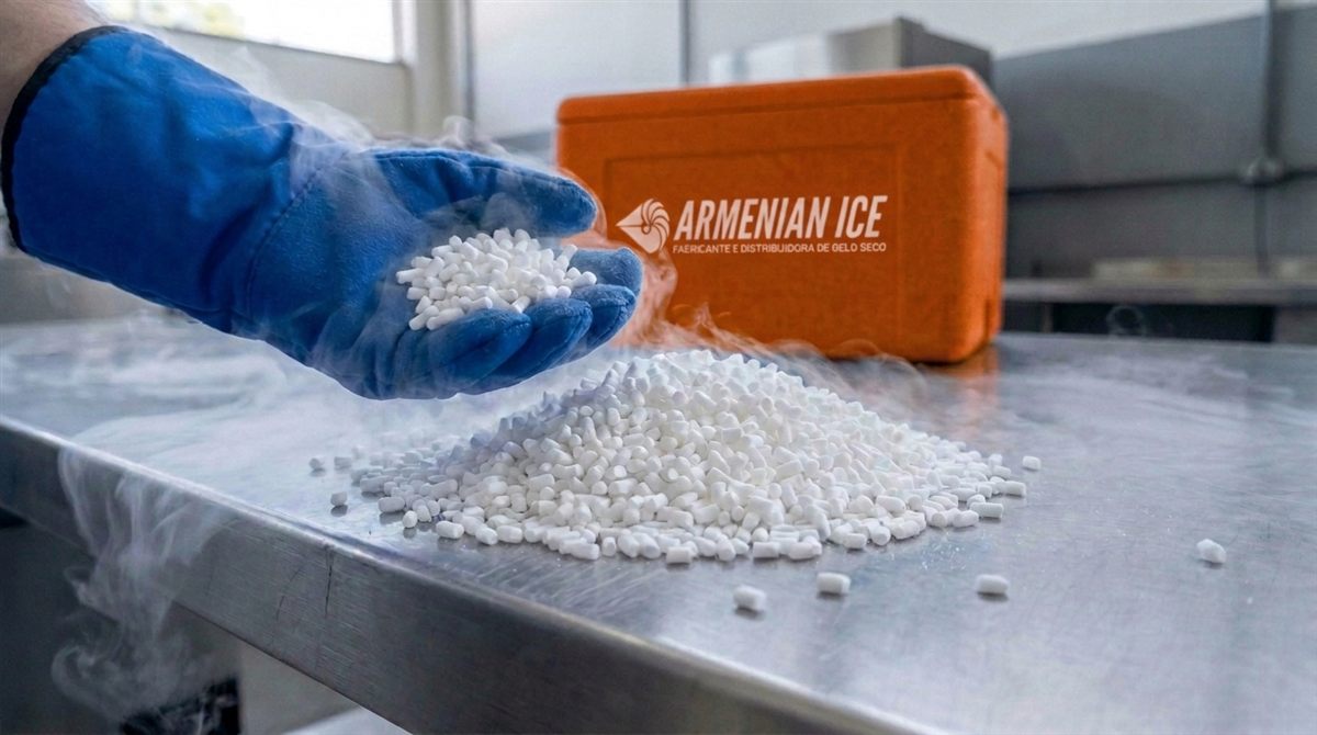 Mão com luva térmica segurando pellets de gelo seco de 3 mm sobre bancada de inox